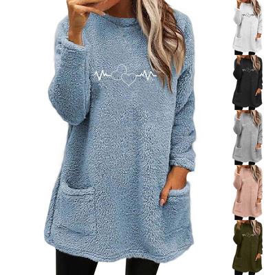 Winter Women's New Love Print Round Neck Loose Long Sleeve Pocket Plush Sweater For Women