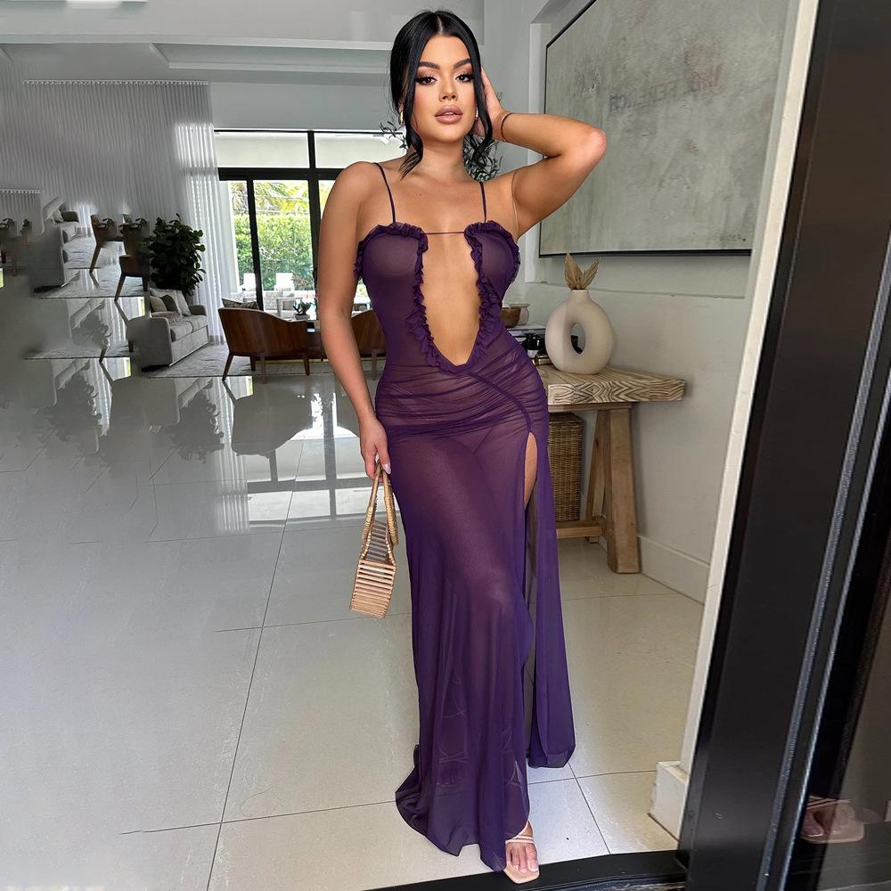 Sexy durchsichtiges Netzkleid mit hohem Schlitz für Damen