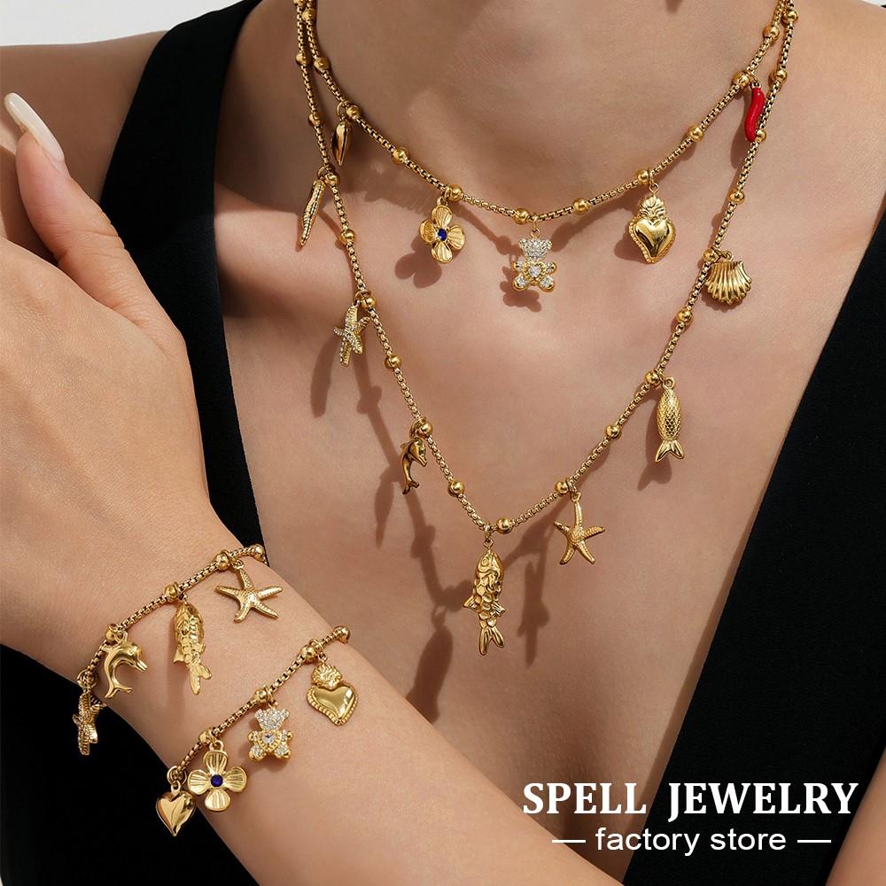 Multi Charms Necklace Bracelet In 18k Gold Plated Stainless Steel Necklaces Matching Bracelets Jewelry Set For Women