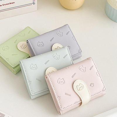 Ladies' Cute Cat Tail Cartoon Print Tri-fold PU Wallet with Buckle