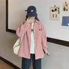 Women's Blue Corduroy Shirt Jacket - Korean Style, Loose Fit, Long Sleeve for Spring & Autumn 2025