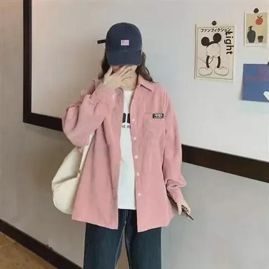 Women's Blue Corduroy Shirt Jacket - Korean Style, Loose Fit, Long Sleeve for Spring & Autumn 2025