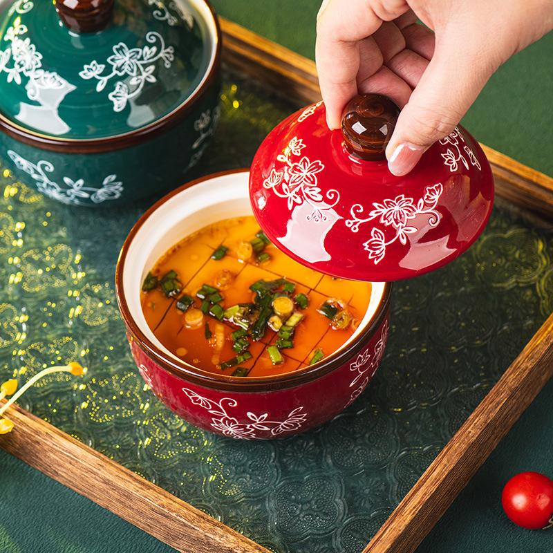 Tableware Ceramic Flower Bowls Home Kitchen Steaming Cup Steamed Egg Bowl with Lid Ceramics & Pottery Utensils for Kitchen Gifts