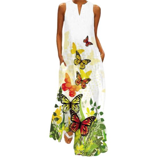 Maxi Dress Printed Elegant Women Sleeveless V Neck Skirt for Banquet