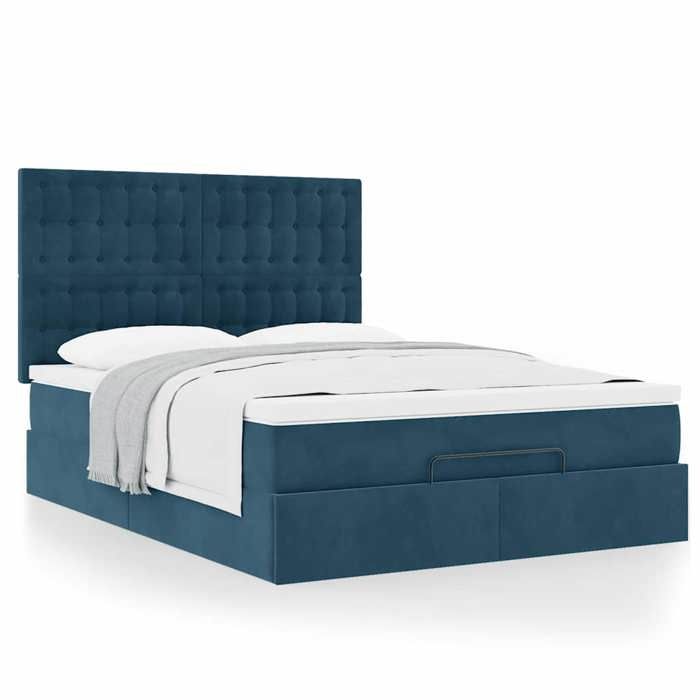 Exclusive House - Ottoman Bed Frame with Dark Blue Mattress 140x190 Cm Velvet