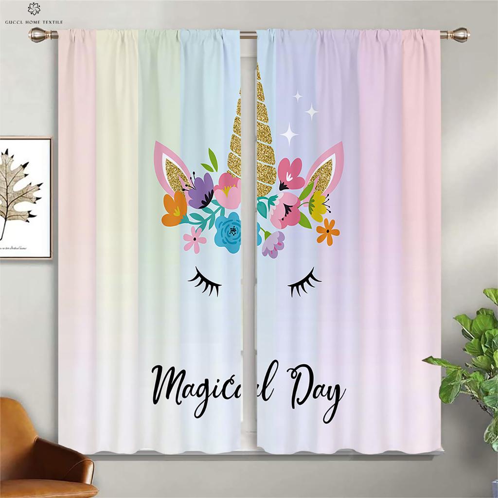 Custom Curtains for Kids Room, Dreamy Unicorn, Rainbow, Pink, Living Room, Kitchen, Window, Printed, 2 Pieces