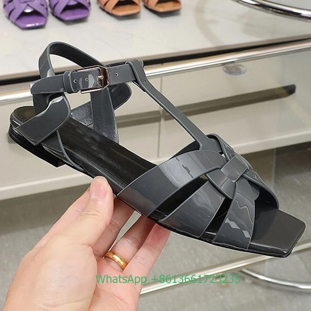 Fashion Women Cross Straps Square Toe Flat with Sandals Solid Color Open Toe Real Patent Leather Flat Sandales 2025 Newest Summer Sandal