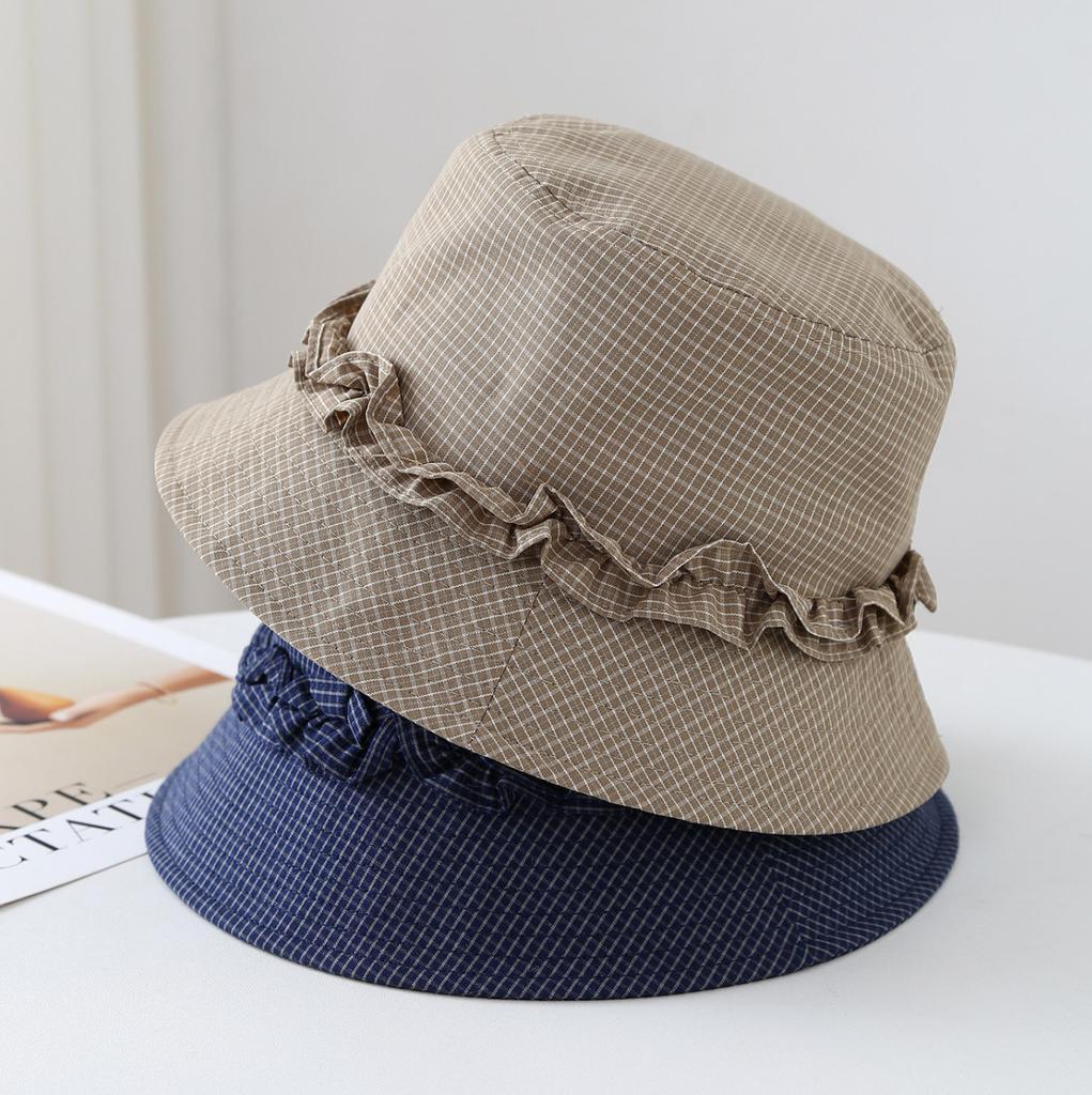 Summer Sun Protection Bucket Hat for Women, Wide Brim Plaid Lace-Trimmed, Lightweight Breathable, Perfect for Travel, Beach, and Outdoor Photo