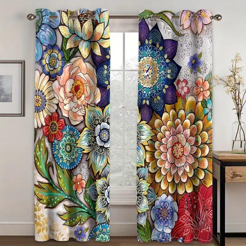 2pcs Set Romantic Star & Rose Print Curtains - Fade-Resistant Polyester, Rod Pocket Design for Bedroom & Living Room