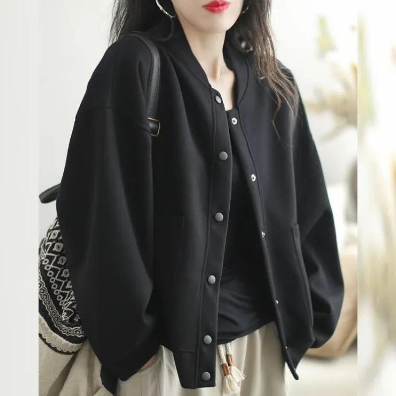 Single Color Loose Short Sweatshirt Baseball Jacket Ladies's Autumn Daily Wear Small Jacket Top Cardigan High Quality Practical Daily Use
