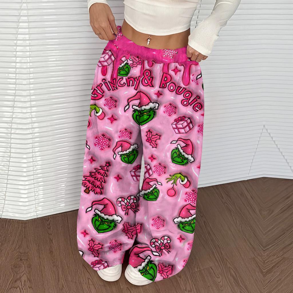 Women's Casual Christmas Print Elastic Waist Loose Fit With Plush Wide Leg Pants