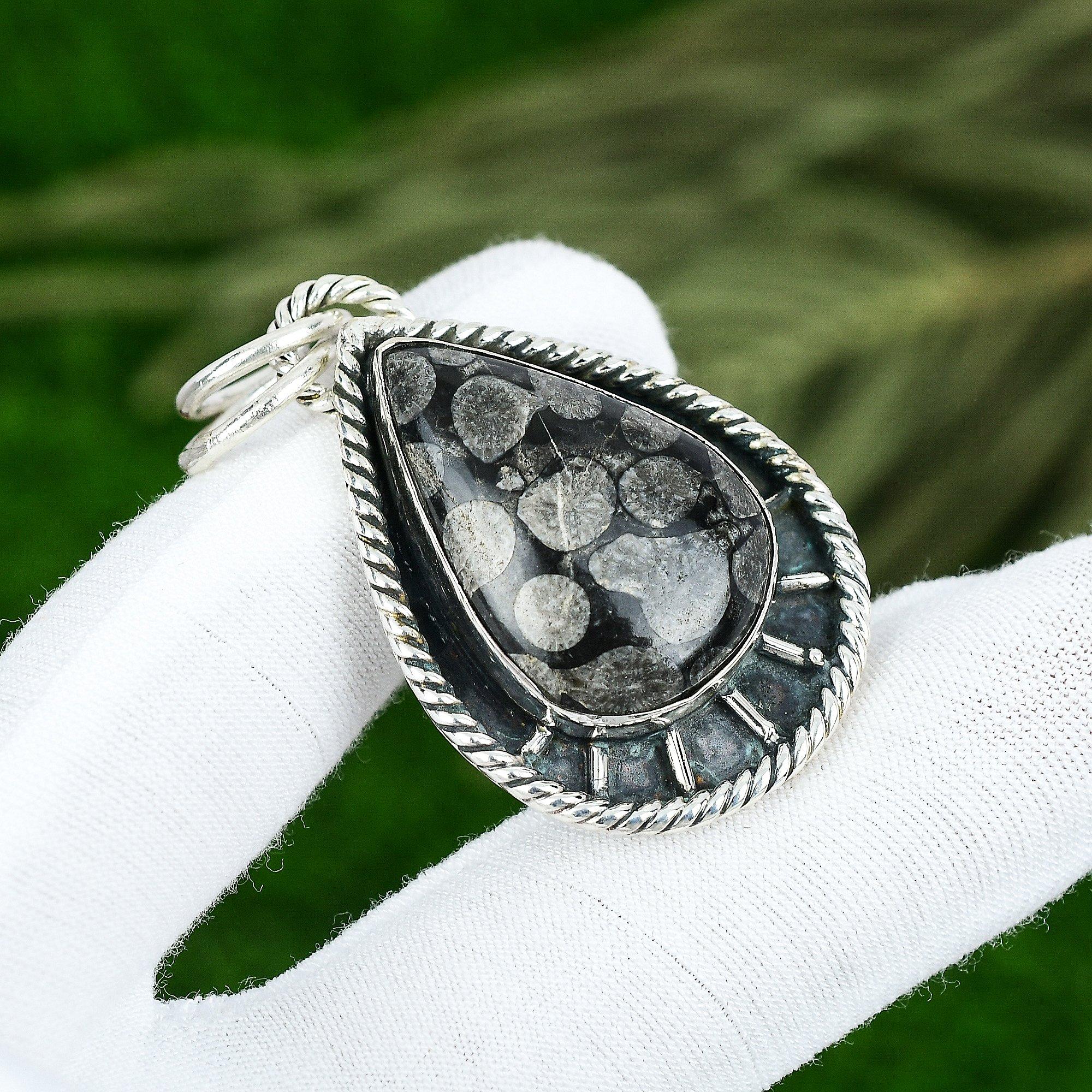 

Mothers day Sale Root Chakra Natural Black Fossil Coral Pendant Sterling Silver