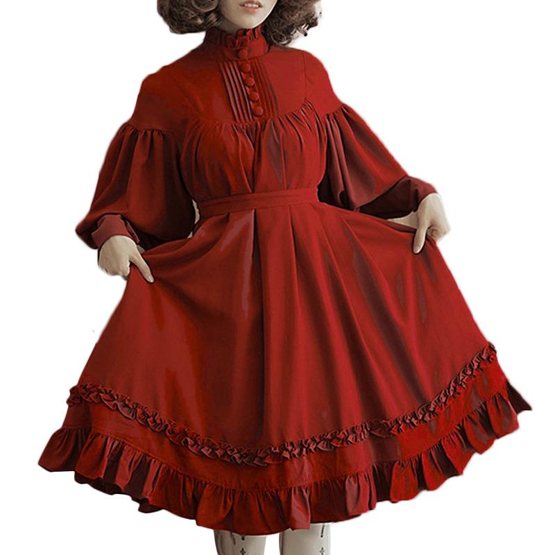 Women's loose standing lace long sleeve button cos clothing solid color sweet lantern sleeve knee-length dress