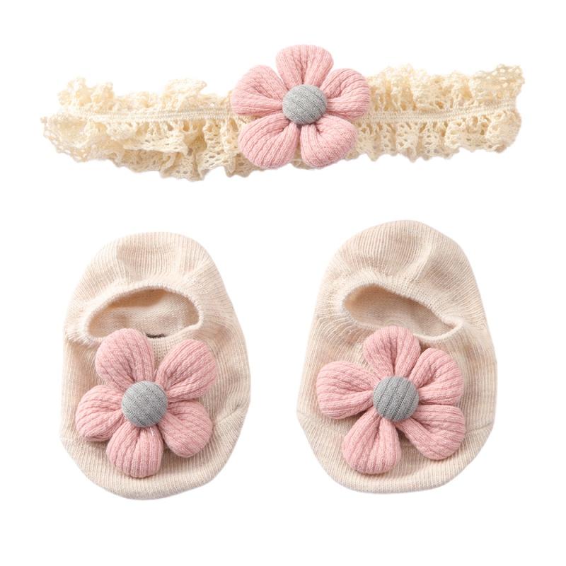 Baby Girl Knitting Flower Cotton Socks Anti-slip Floor Ankle Socks Lace Headband Set Newborn Gift Outfits