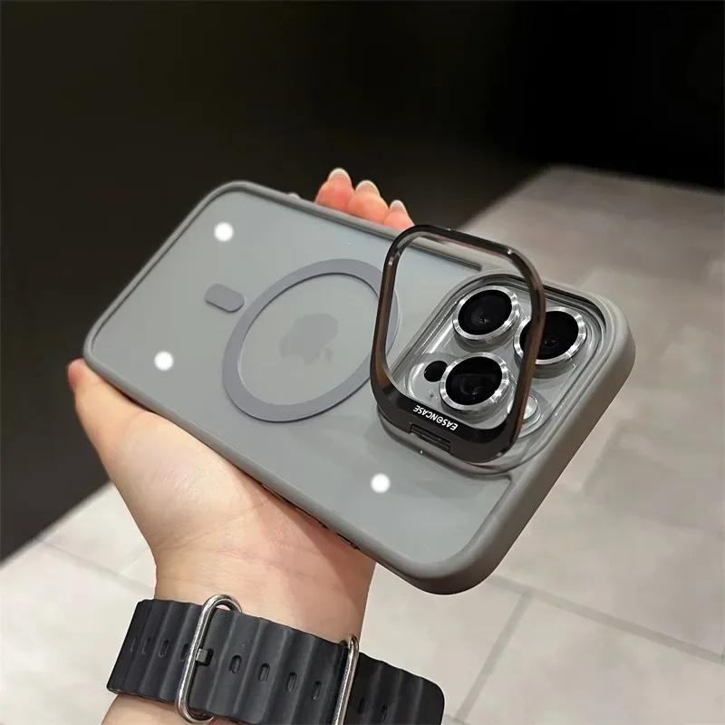 Metal Ring Lens Stand Protector Magnetic Phone Case for IPhone 17 16 15 12 13 14 11 Pro Max for Magsafe with Glass Lens Cover