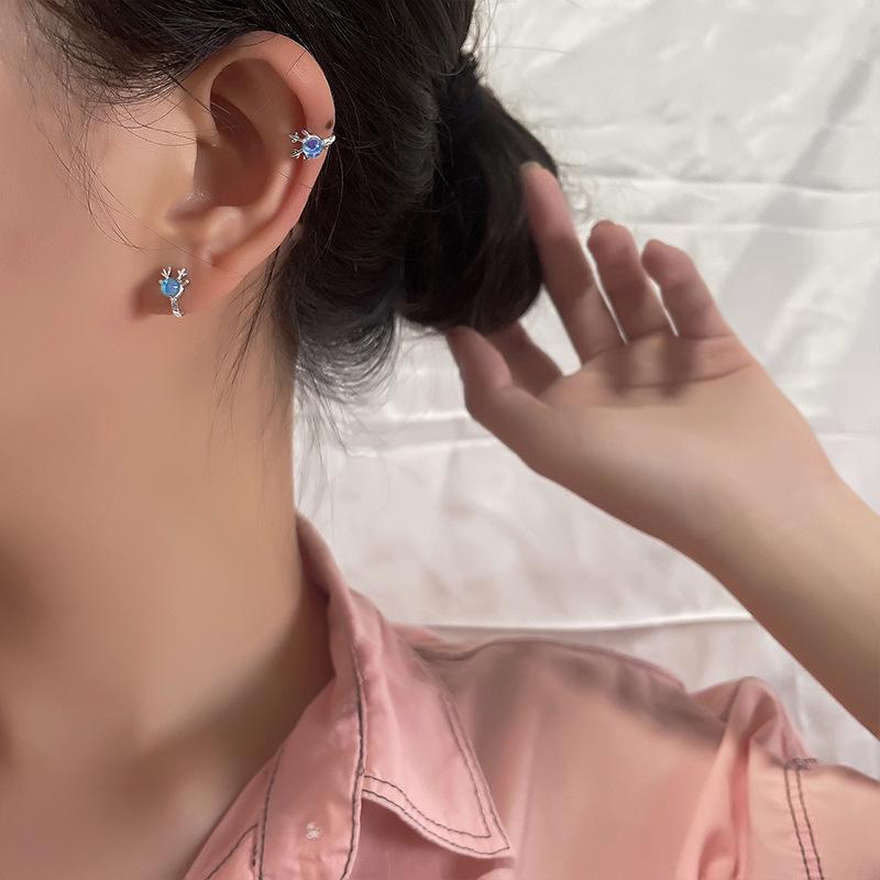 Yi Xuan Mori Style Reindeer Ear Cuff with Moonstone & Blue Crystal - Christmas Gift for Women