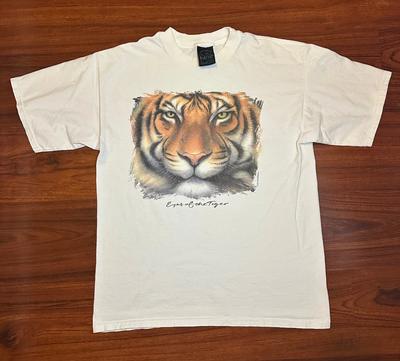 VTG 90er Habitat Augen des Tigers Tier Natur T-Shirt Herren Größe L Weiß
