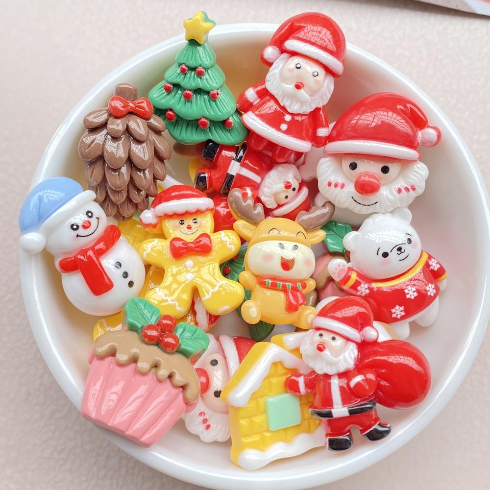 10Pcs New Cute Resin Cartoon Christmas Snowman, Tree Series Flat Back Scrapbooking DIY Jewelry Craft Decoration Accessories