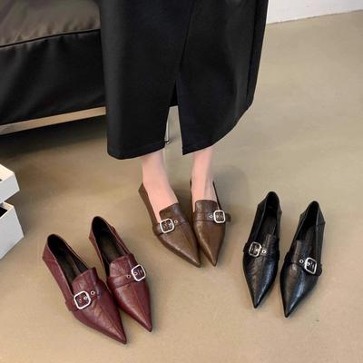 Trendy Brand 2025 Autumn Belt Buckle Low Heel Pointed Single Shoes Femininity Soft Leather Stepping Heel Cat Heel Medium Heel Small Leather Shoes