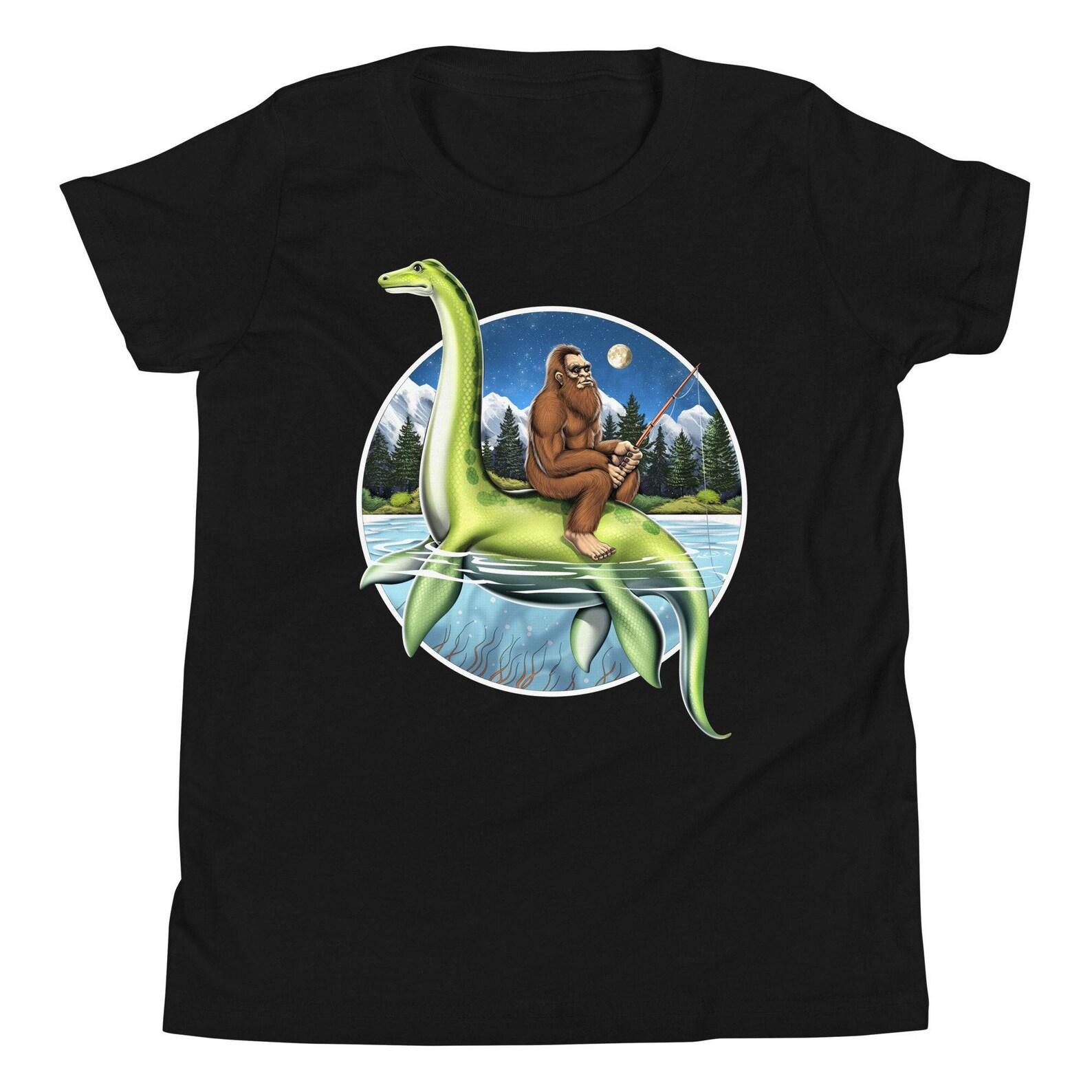 Bigfoot Fishing Kids T-Shirt, Loch Ness Monster Boys T-Shirt, Bigfoot Clothing, Cryptozoology Tee, Cryptids T-Shirt, Bigfoot Clothes 130