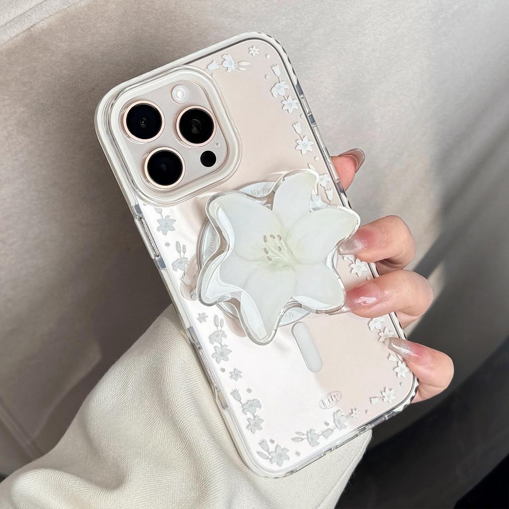 Lily Magnetic Suction Bracket 16pro Max Transparent IPhone 15 Mobile Phone Case Suitable for 13 Anti Fall Fresh 14