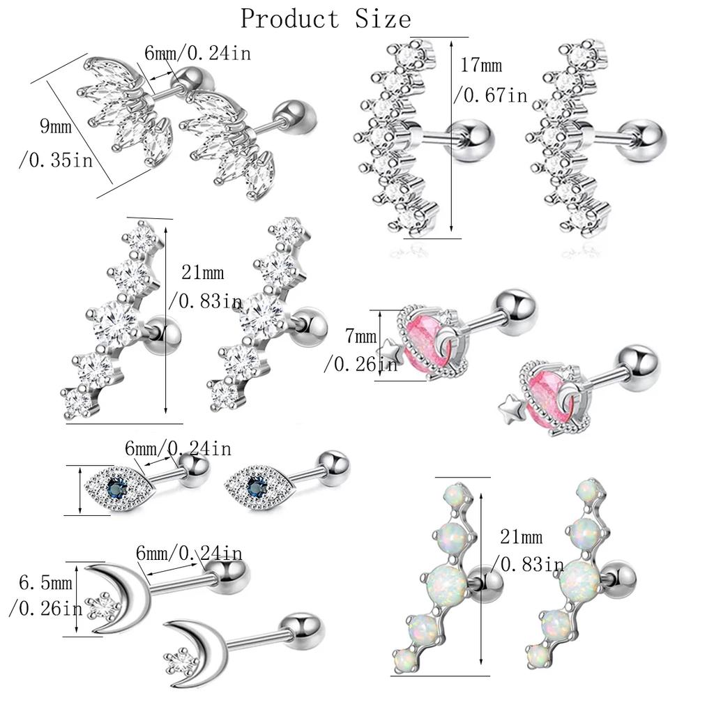 2pcs Hypoallergenic Stainless Steel Cartilage Stud Earrings,Eye Flame Moon Barbell Back Stud Cubic Zirconia Piercing Jewelry