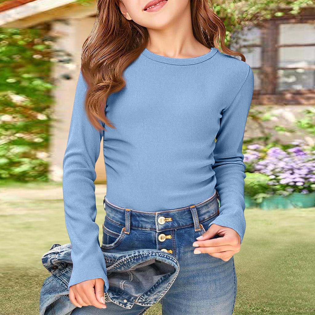 Girls' Ribbed Tee - Long Sleeve Round Neck Casual Top