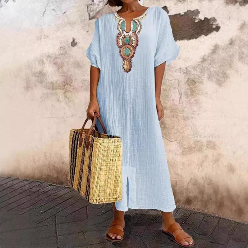 

Хлопково-льняное вышитое платье с разрезом L светло-синий