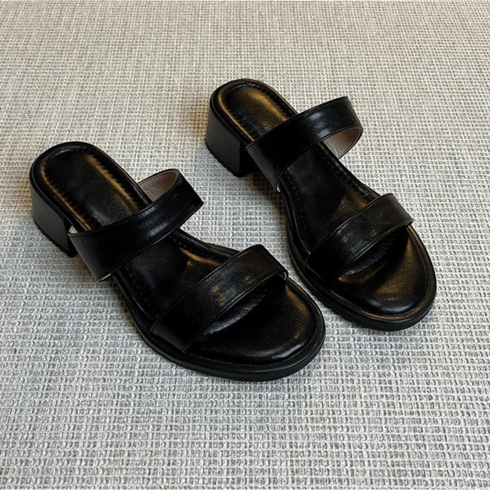 Retro One-word Slippers for Women's 2025 Summer New Mid-heel Outer Sandals Open-toed Thick-heeled Slippers Beach Shoes Women