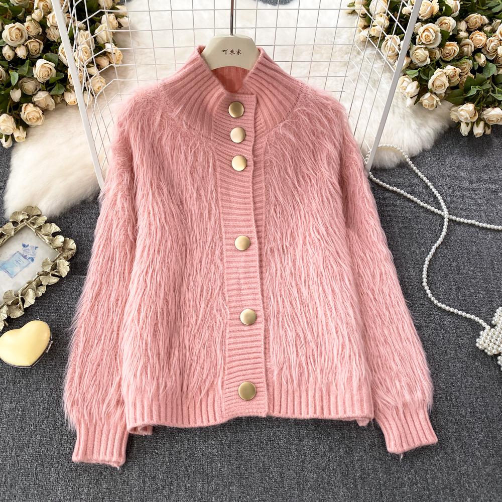 Imitation Mink Sweater Fashion Stand-UP Collar Loose Top Women's  Autumn/Winter Korean Soft Comfortable Cardigan Solid Coat