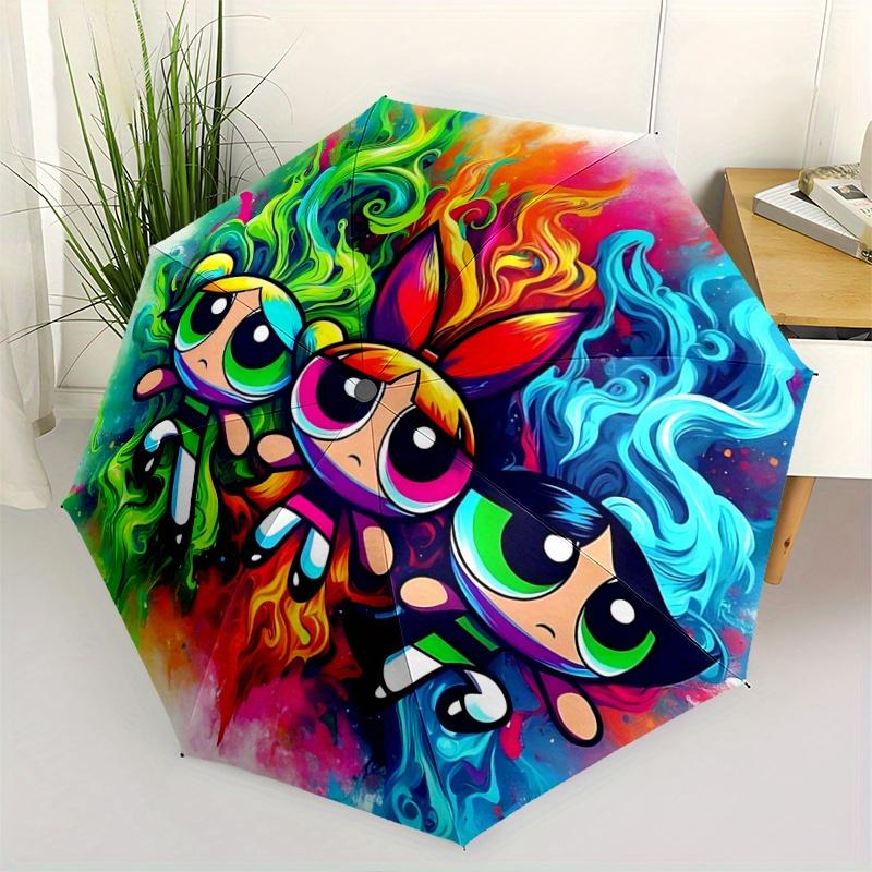 1pc Powerpuff Girls Automatic Opening Folding Umbrella - 8 Bone Iron Frame, Portable Design, Outdoor, Ideal Gift for Fans, Travelers, Daily Use.K