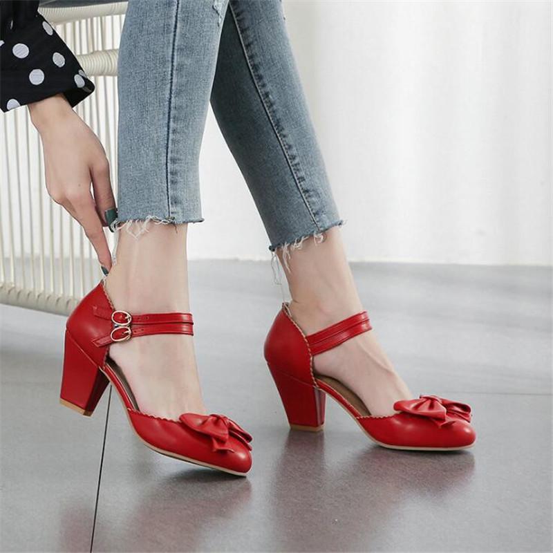Big Size 32-43 Women Pumps Sweet Bowtie Shoes Sandals Chunky Female High Heels Party Wedding Prom Footwear Girls Shoes