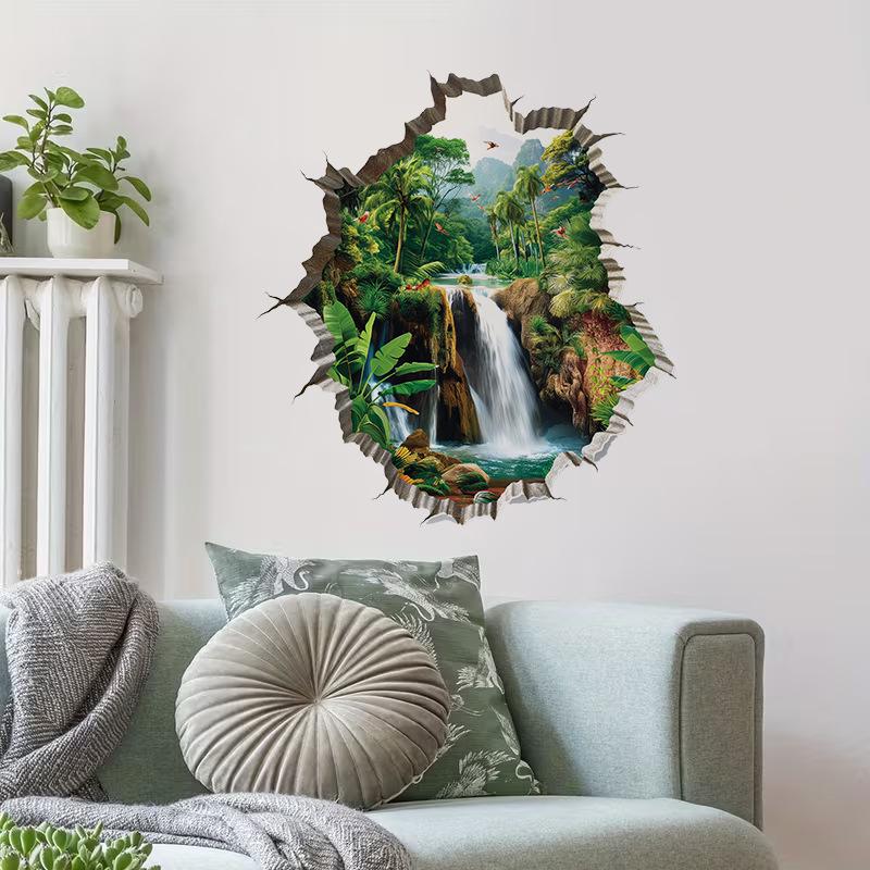 Breakwall 3D Tropical Rainforest Waterfall Wall Decal for Bath Wall Decoration - Landscape Sticker