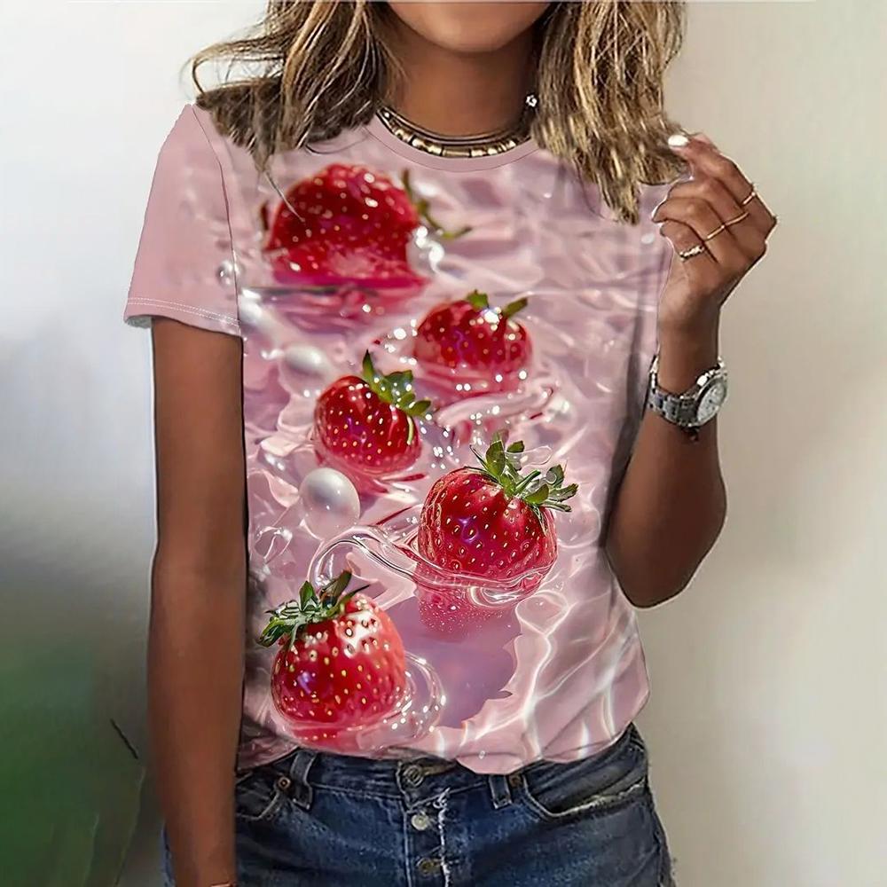 Women's Fruit T-Shirts Summer Strawberry 3D Printed O-Neck Short Sleeve T Shirt Y2k Harajuku Tees Tops Female Pullovers Clothing