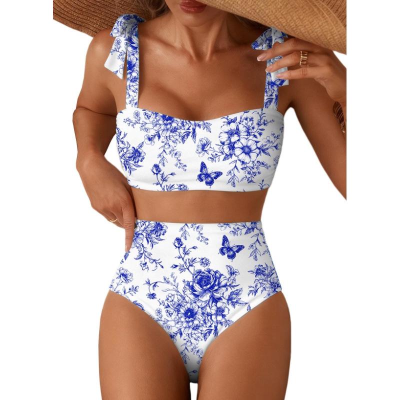 Bikini Set 2 Pezzi Costume da Bagno a Righe Costume da Bagno a Vita Alta