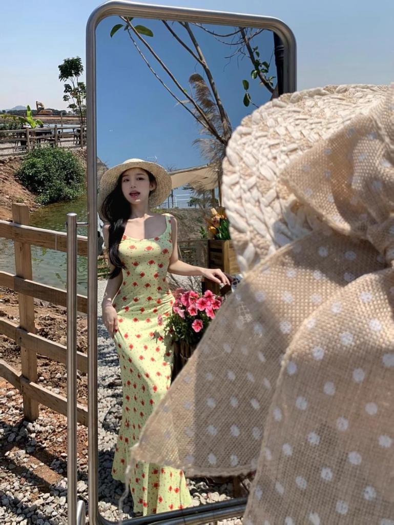 2025 Sommer Retro Französisch Gelb Floral Meerjungfrau Maxikleid