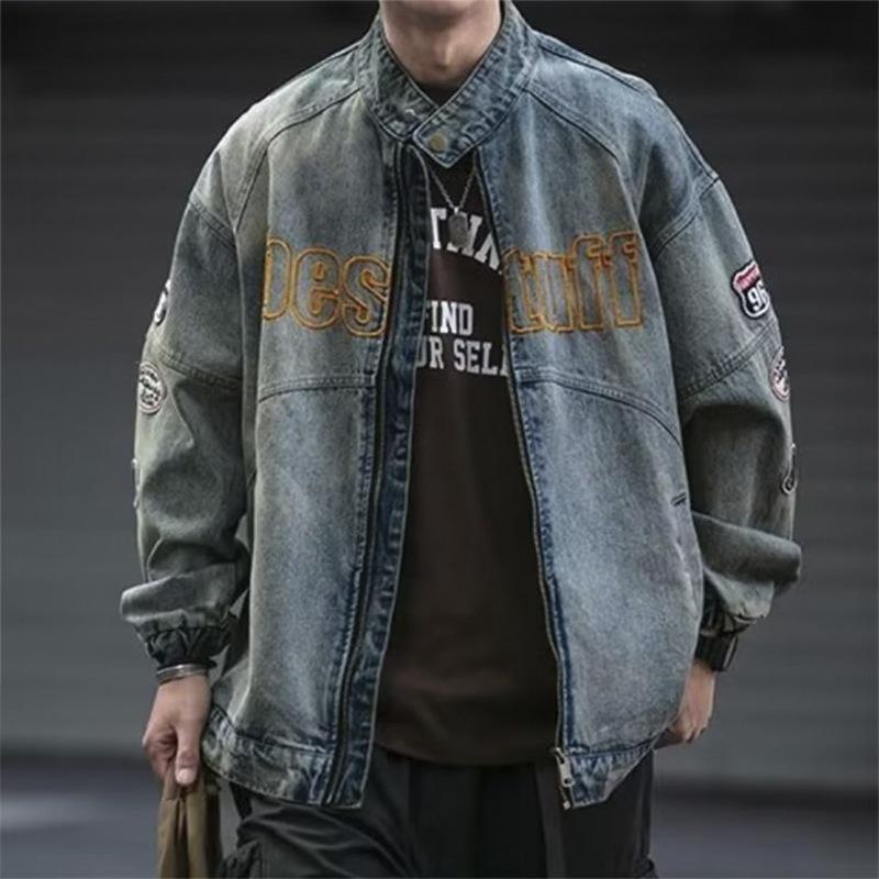 

Винтажная джинсовая куртка с вышивкой, весенне-осенняя свободная куртка с воротником-стойкой M синий