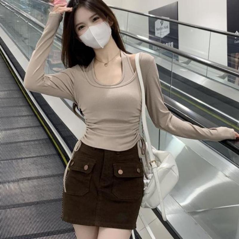 2KWEIRD Black Shirts for Women Ropa Mujer Fashion Tunci Drawstring Tshirts Y2k Clothes Tunic Crop Tops Korean Sexy Woman Tshirt