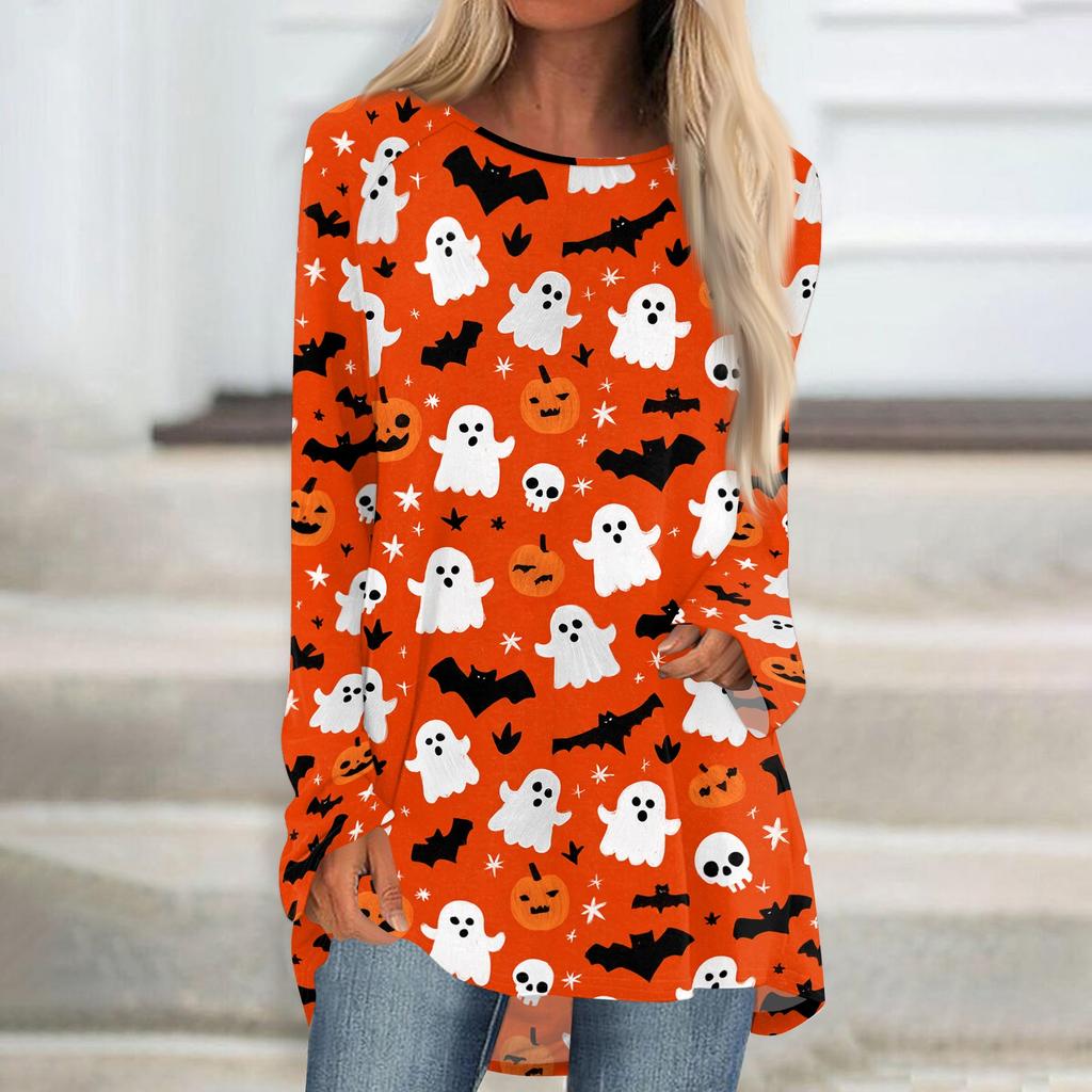 Women's Long Sleeve Halloween Print Tunic T-Shirt Round Neck Casual Top