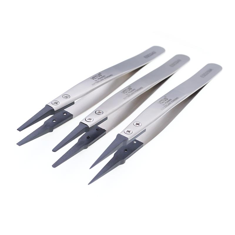 VETUS ESD series Interchangeable Head Anti-static Tweezers Stainless Steel Body Anti-static Carbon Fiber Conductive Plastic H