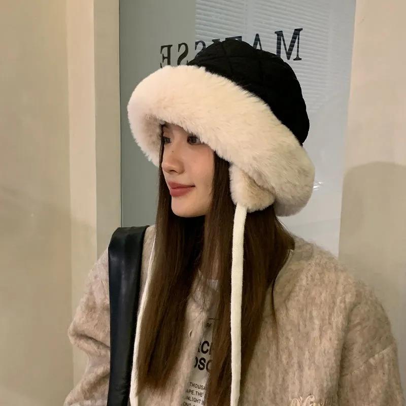 WTEMPO Autumn Winter Down Cotton Hats Women Solid Color Warm Ear Protection Hats with Ropes Casual Versatile Outdoor Hats