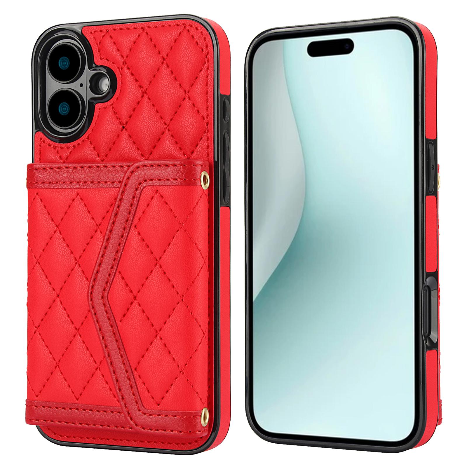 

For iPhone 16 Case Card Holders RFID Blocking PU Leather+TPU Phone Cover with Shoulder Strap Red