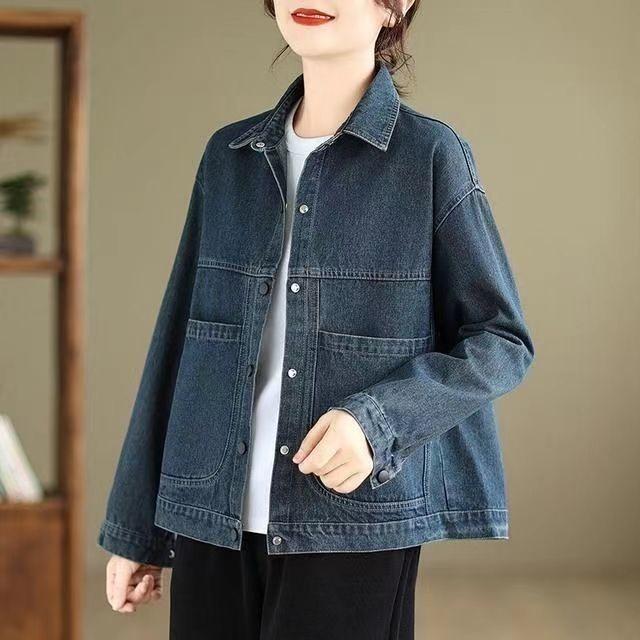 Women's Denim Jacket for Spring and Autumn Hong Kong Style Collar Short Retro Loose Versatile Stylish Casual with Large Pockets Top