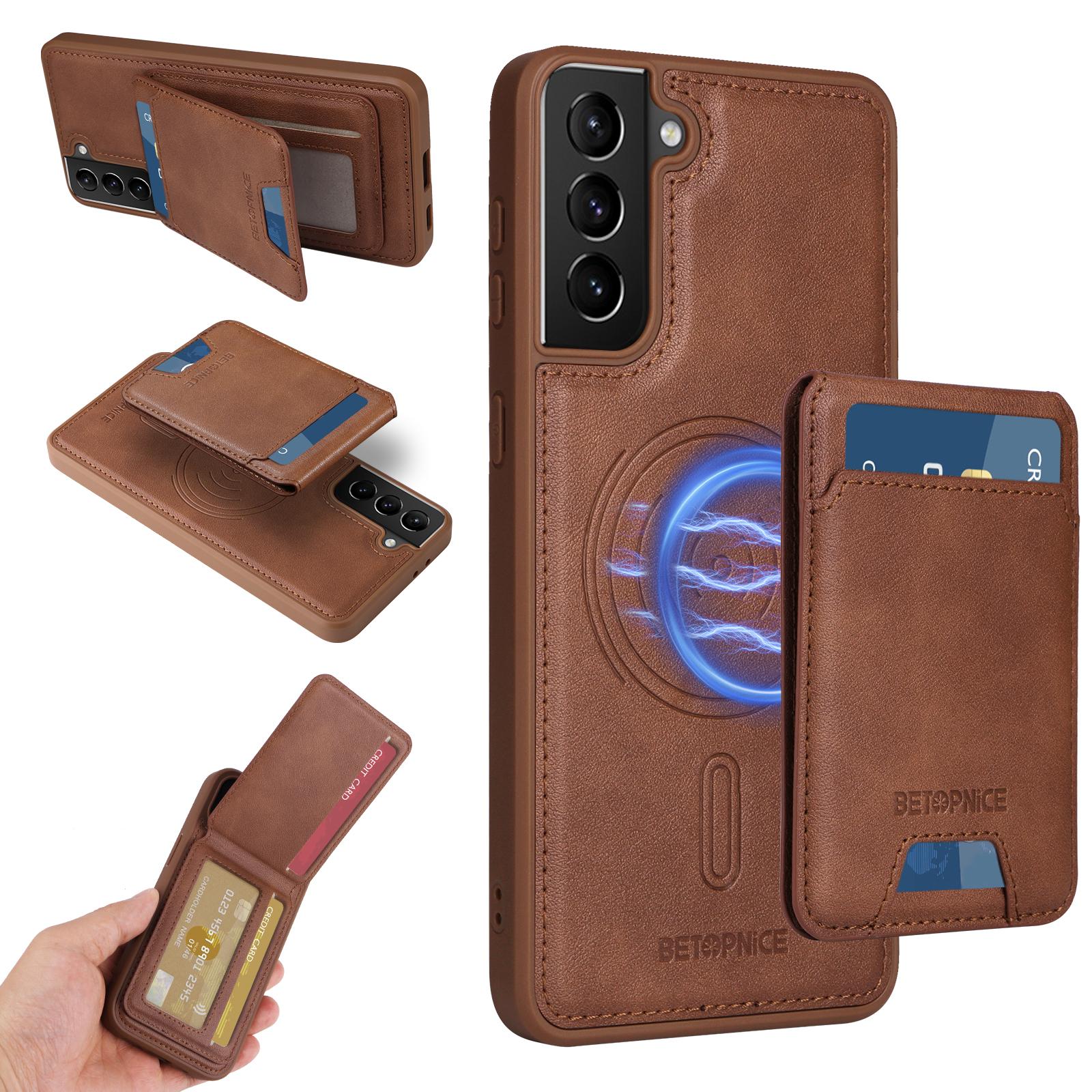 

For Samsung Galaxy S21+ 5G Magnetic Case BETOPNICE RFID Blocking Leather Phone Back Cover with Detachable Card Bag Brown