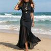 Women Denim Dress, Mesh Patchwork Mock Neck Jeans Midi Dress, Short Sleeve Cutout A-Line Swing Dress