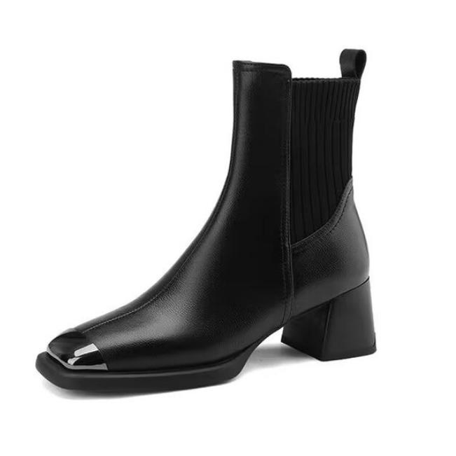 Fashion Mid Calf Shoes Woman Elastic Middle Heel Square Toe Black Half High Boots for Women on Offer Large Size Warm Footwear Promotion
