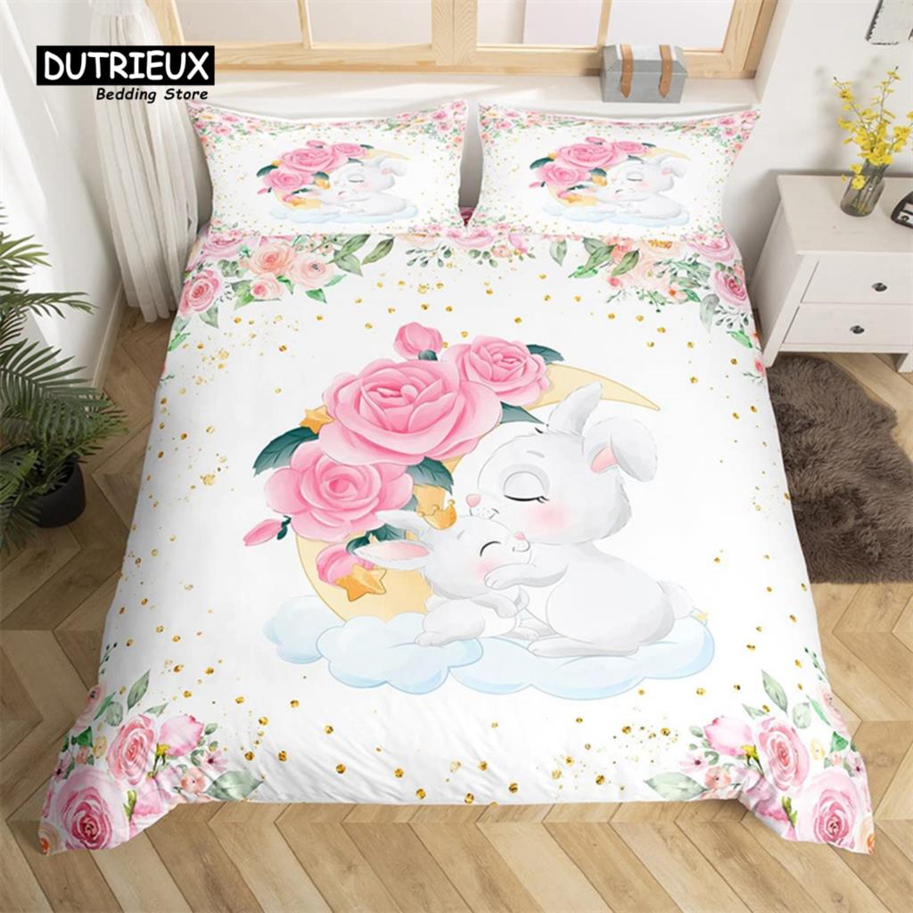 Niedliches Milchkuh Bettwäsche-Set King Cartoon Tier Bettbezug Botanisch Floral Steppdeckenbezug Mikrofaser Bauernhaus Tagesdecke Bezug