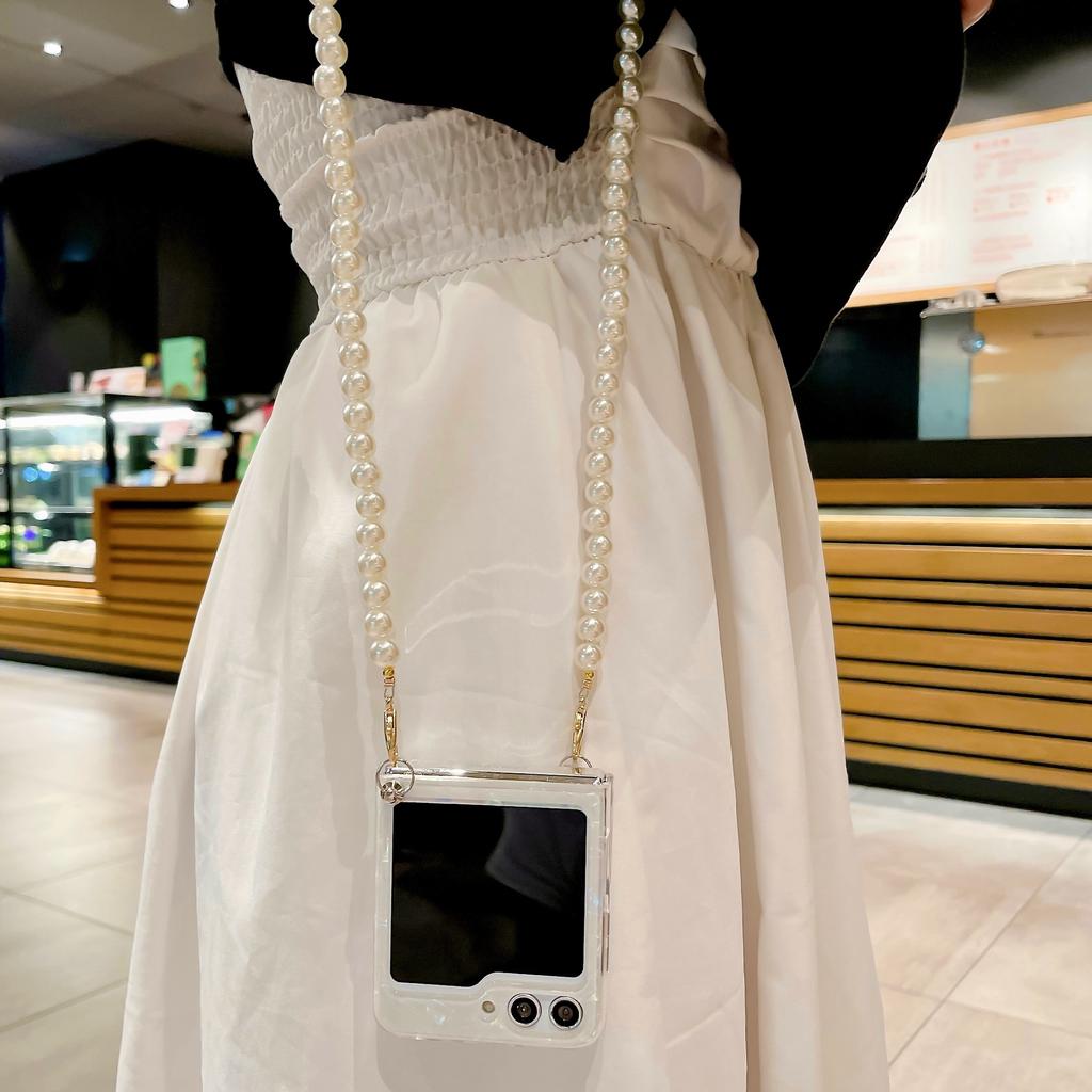 Glitter Shell Pattern Pearl Chain Crossbody telefonveske til Samsung Galaxy Z Flip 5 4 3 Flip5 Flip4 Flip3 5G skulderremdeksel