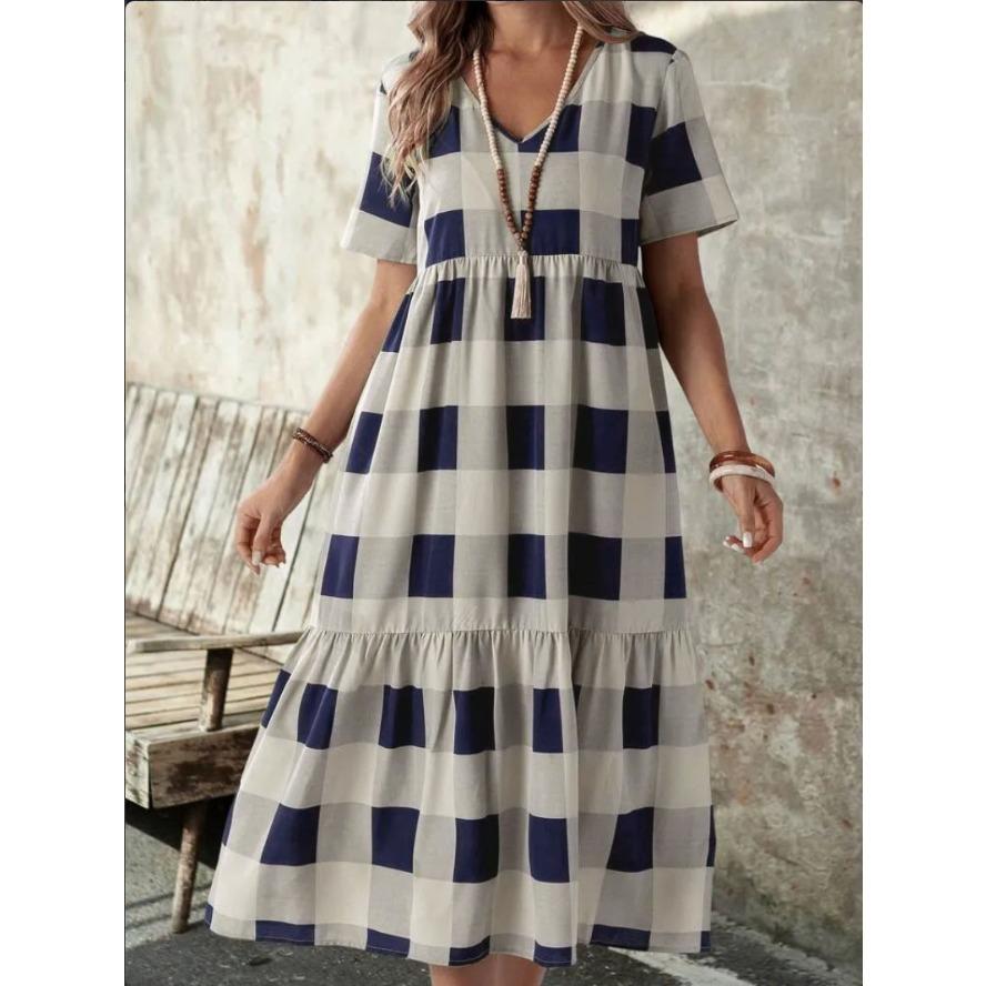 

YYFS Женская мода лето весна клетчатый принт короткий рукав V-образный вырез свободная талия повседневные платья XXL синий