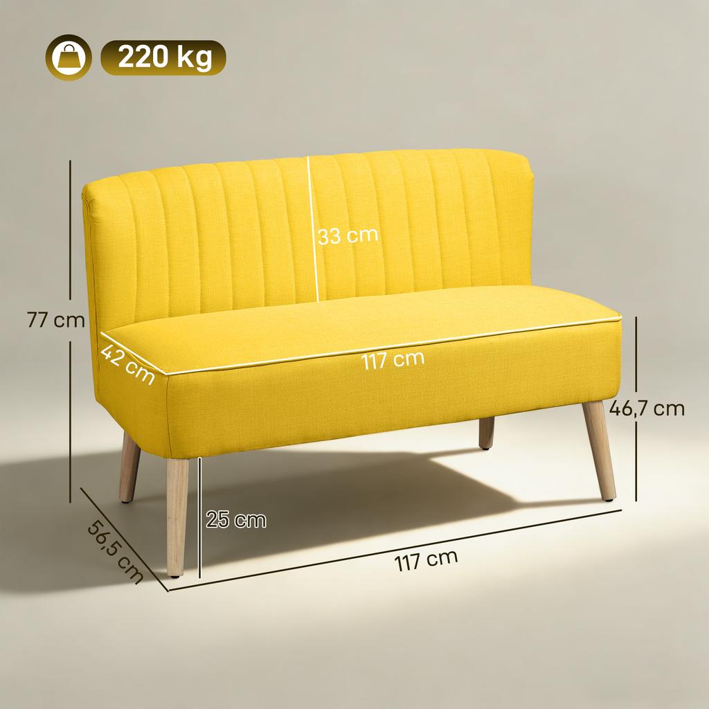 2-Seater Sofa, Soft Upholstery, Easy-Care Cover, up to 220 kg, 117 x 56.5 x 77 cm, Yellow